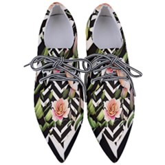 Black Chevron Peach Lilies Pointed Oxford Shoes by GardenOfOphir