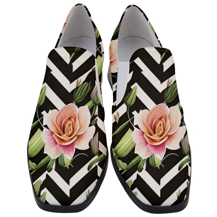 Black Chevron Peach Lilies Women Slip On Heel Loafers