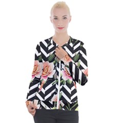 Black Chevron Peach Lilies Casual Zip Up Jacket by GardenOfOphir