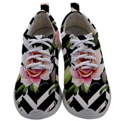 Black Chevron Peach Lilies Mens Athletic Shoes by GardenOfOphir