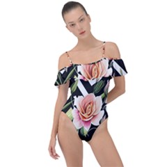 Black Chevron Peach Lilies Frill Detail One Piece Swimsuit by GardenOfOphir