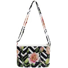 Black Chevron Peach Lilies Double Gusset Crossbody Bag by GardenOfOphir