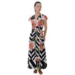 Black Chevron Peach Lilies Flutter Sleeve Maxi Dress by GardenOfOphir