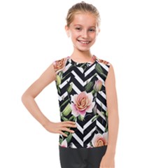 Black Chevron Peach Lilies Kids  Mesh Tank Top by GardenOfOphir