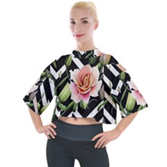 Black Chevron Peach Lilies Mock Neck Tee by GardenOfOphir