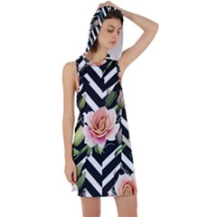 Black Chevron Peach Lilies Racer Back Hoodie Dress by GardenOfOphir