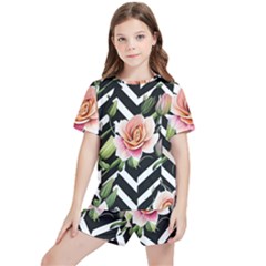 Black Chevron Peach Lilies Kids  Tee And Sports Shorts Set by GardenOfOphir