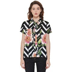 Black Chevron Peach Lilies Short Sleeve Pocket Shirt by GardenOfOphir