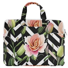 Black Chevron Peach Lilies Macbook Pro 16  Double Pocket Laptop Bag  by GardenOfOphir