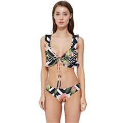 Black Chevron Peach Lilies Low Cut Ruffle Edge Bikini Set