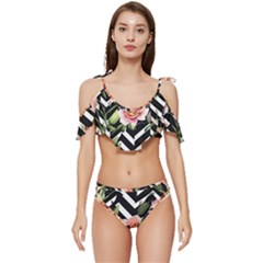 Black Chevron Peach Lilies Ruffle Edge Tie Up Bikini Set	