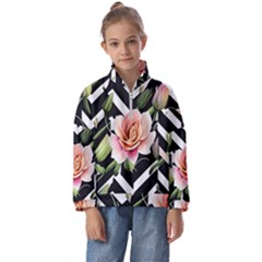 Black Chevron Peach Lilies Kids  Half Zip Hoodie by GardenOfOphir