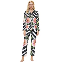 Black Chevron Peach Lilies Womens  Long Sleeve Velvet Pocket Pajamas Set by GardenOfOphir