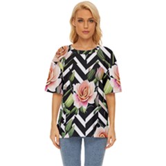 Black Chevron Peach Lilies Oversized Basic Tee by GardenOfOphir