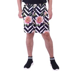 Black Chevron Peach Lilies Men s Pocket Shorts by GardenOfOphir