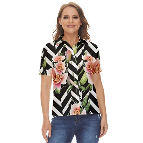 Black Chevron Peach Lilies Women s Short Sleeve Double Pocket Shirt by GardenOfOphir