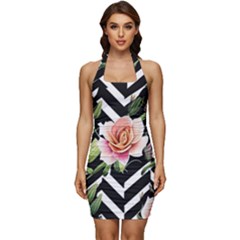 Black Chevron Peach Lilies Sleeveless Wide Square Neckline Ruched Bodycon Dress by GardenOfOphir