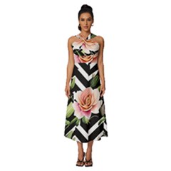 Black Chevron Peach Lilies Sleeveless Cross Front Cocktail Midi Chiffon Dress