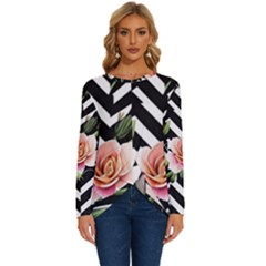 Black Chevron Peach Lilies Long Sleeve Crew Neck Pullover Top