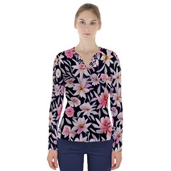 Botanical Flowers V-neck Long Sleeve Top by GardenOfOphir