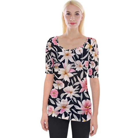 Botanical Flowers Wide Neckline Tee by GardenOfOphir