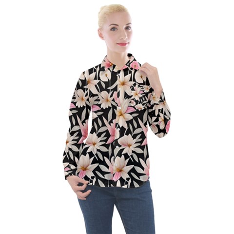 Botanical Flowers Women s Long Sleeve Pocket Shirt by GardenOfOphir