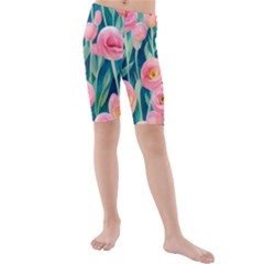 Blush Watercolor Flowers Kids  Mid Length Swim Shorts by GardenOfOphir