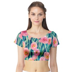 Blush Watercolor Flowers Short Sleeve Crop Top by GardenOfOphir