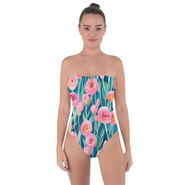 Blush Watercolor Flowers Tie Back One Piece Swimsuit