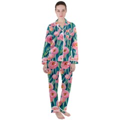 Blush Watercolor Flowers Women s Long Sleeve Satin Pajamas Set	