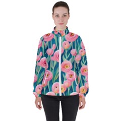 Blush Watercolor Flowers Women s High Neck Windbreaker by GardenOfOphir