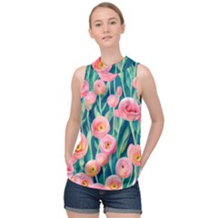 Blush Watercolor Flowers High Neck Satin Top