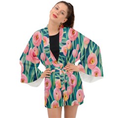 Blush Watercolor Flowers Long Sleeve Kimono by GardenOfOphir