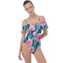 Blush Watercolor Flowers Frill Detail One Piece Swimsuit View1