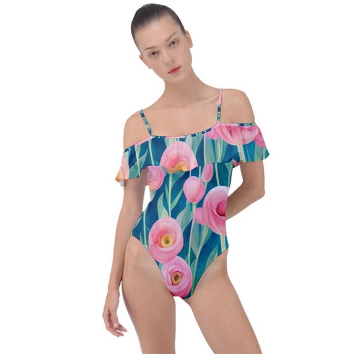 Blush Watercolor Flowers Frill Detail One Piece Swimsuit