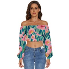 Blush Watercolor Flowers Long Sleeve Crinkled Weave Crop Top