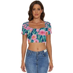 Blush Watercolor Flowers Short Sleeve Square Neckline Crop Top 