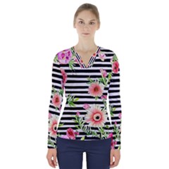 Blooming Watercolor Flowers V-neck Long Sleeve Top by GardenOfOphir