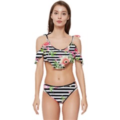 Blooming Watercolor Flowers Ruffle Edge Tie Up Bikini Set	