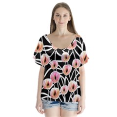 Cheery Watercolor Flowers V-neck Flutter Sleeve Top by GardenOfOphir