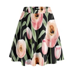 Captivating Watercolor Flowers High Waist Skirt by GardenOfOphir