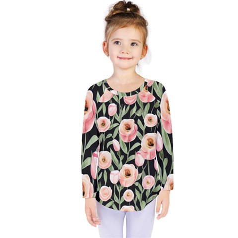 Captivating Watercolor Flowers Kids  Long Sleeve Tee by GardenOfOphir