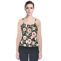 Captivating Watercolor Flowers Velvet Spaghetti Strap Top