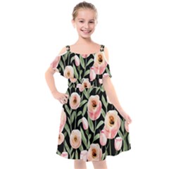 Captivating Watercolor Flowers Kids  Cut Out Shoulders Chiffon Dress