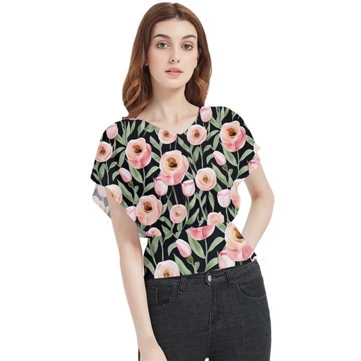 Captivating Watercolor Flowers Butterfly Chiffon Blouse