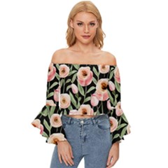 Captivating Watercolor Flowers Off Shoulder Flutter Bell Sleeve Top