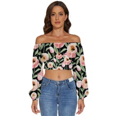 Captivating Watercolor Flowers Long Sleeve Crinkled Weave Crop Top by GardenOfOphir