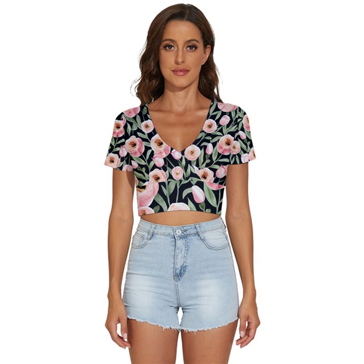 Captivating Watercolor Flowers V-Neck Crop Top