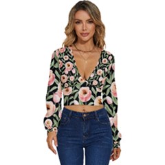 Captivating Watercolor Flowers Long Sleeve Deep-v Velour Top