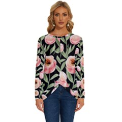 Captivating Watercolor Flowers Long Sleeve Crew Neck Pullover Top